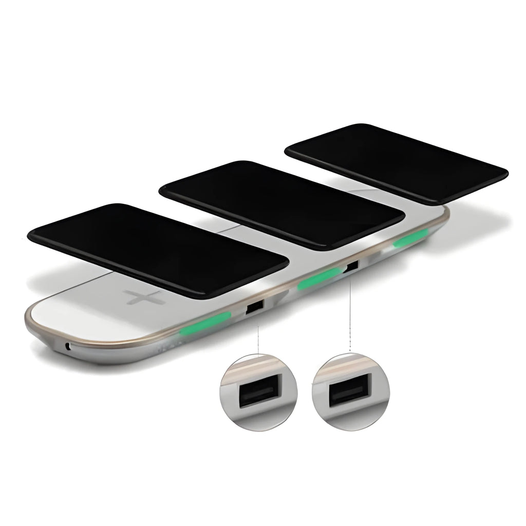 Black 3-in-1 wireless charging station with phone, Apple Watch and AirPods placed on it