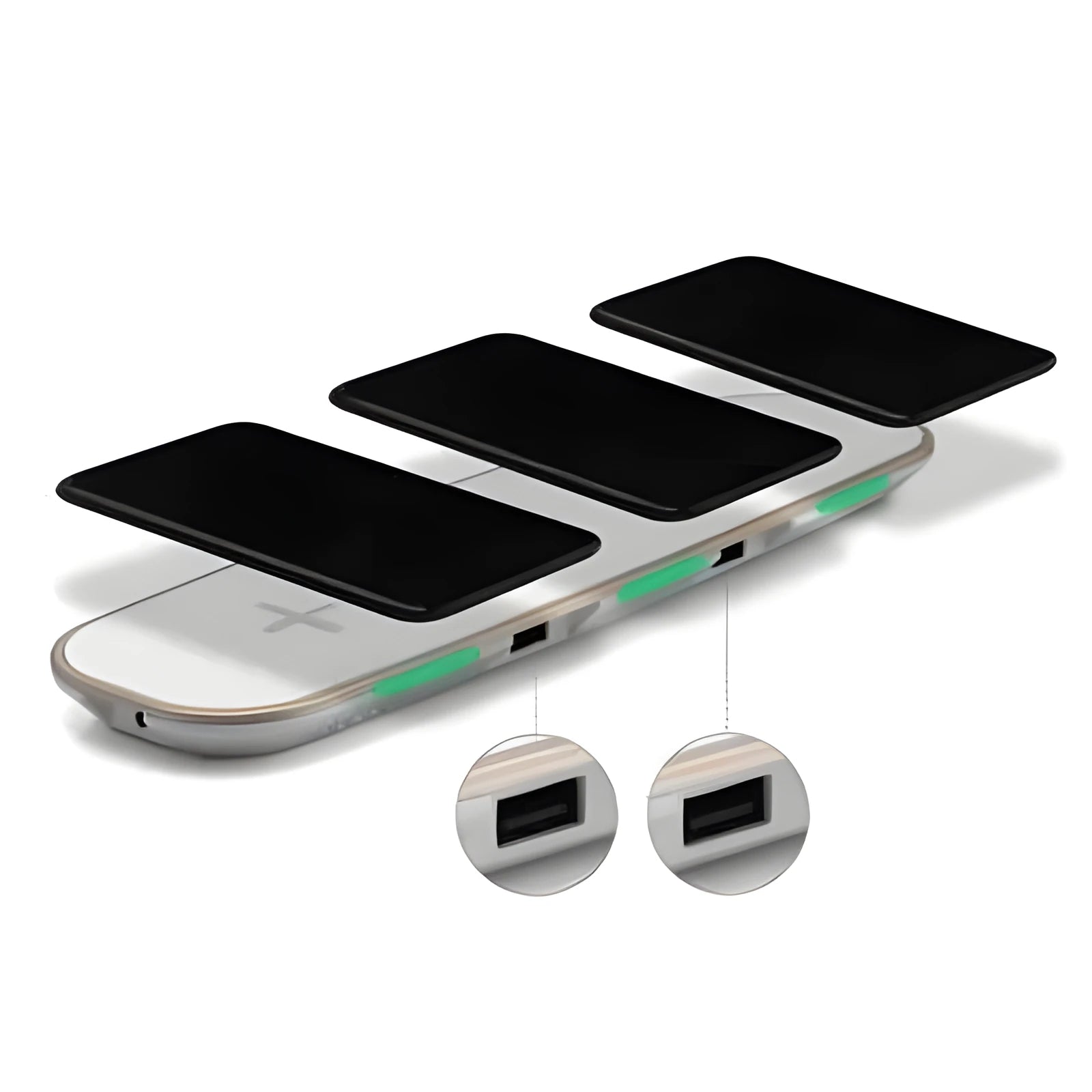 Black 3-in-1 wireless charging station with phone, Apple Watch and AirPods placed on it