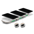 Black 3-in-1 wireless charging station with phone, Apple Watch and AirPods placed on it