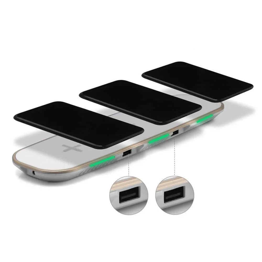 Black 3-in-1 wireless charging station with phone, Apple Watch and AirPods placed on it