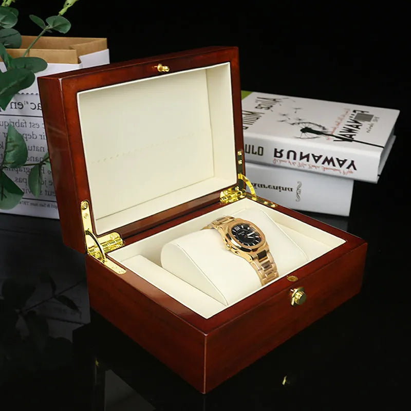 Custom brown MDF gloss paint watch and jewellery storage box with heaven-and-earth cover, 18x13.5x8.5cm