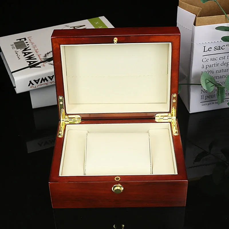Custom brown MDF gloss paint watch and jewellery storage box with heaven-and-earth cover, 18x13.5x8.5cm