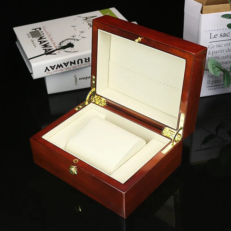 Custom brown MDF gloss paint watch and jewellery storage box with heaven-and-earth cover, 18x13.5x8.5cm