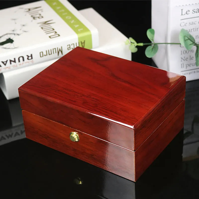 Custom brown MDF gloss paint watch and jewellery storage box with heaven-and-earth cover, 18x13.5x8.5cm