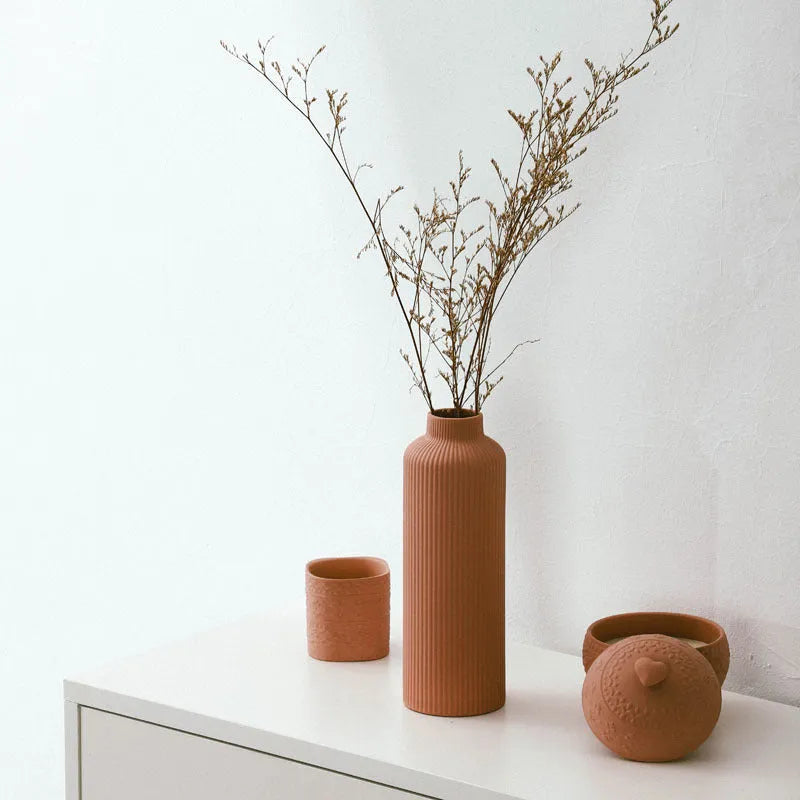 Grey ceramic vase 8x8x22.7cm European style home decor on a wooden table