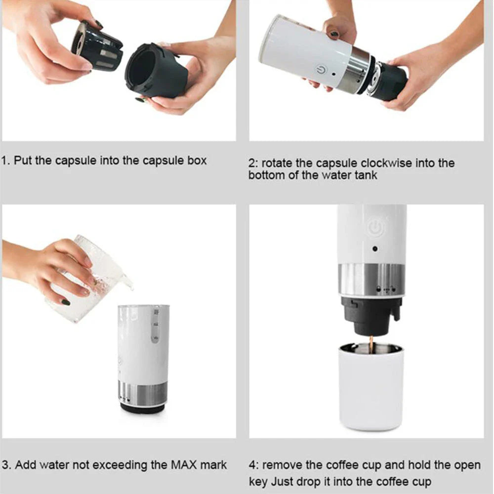 Versatile portable coffee maker with one-button operation, compatible with coffee capsules and ground coffee for on-the-go convenience
