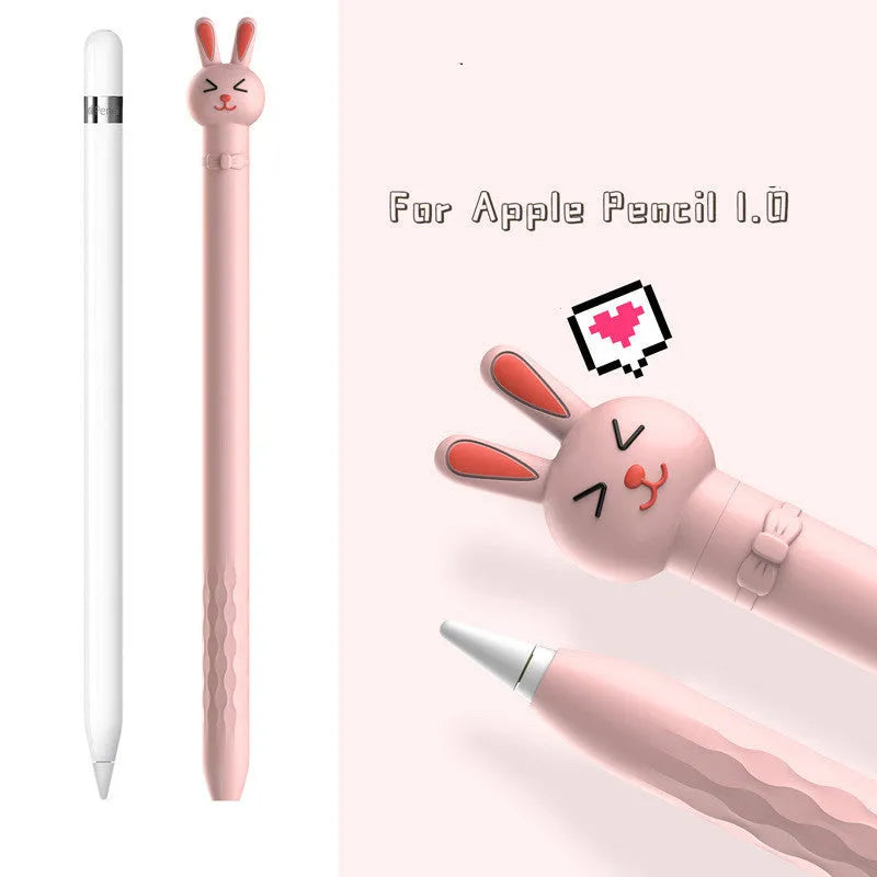 Apple Pencil inside a silicone protective case with cartoon rabbit design