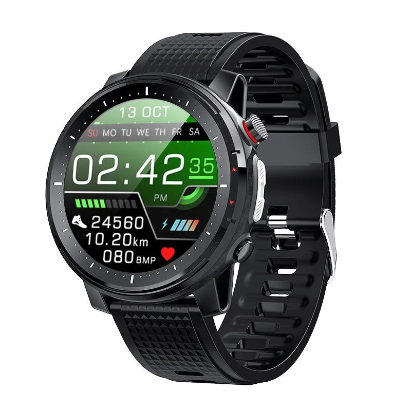IP68 waterproof Android smart watch for men with 1.3-inch circular touchscreen and black silicone wrist strap