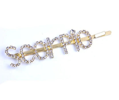 Golden electroplated constellation word clip hairpin showing zodiac design on 3.5cm metal surface