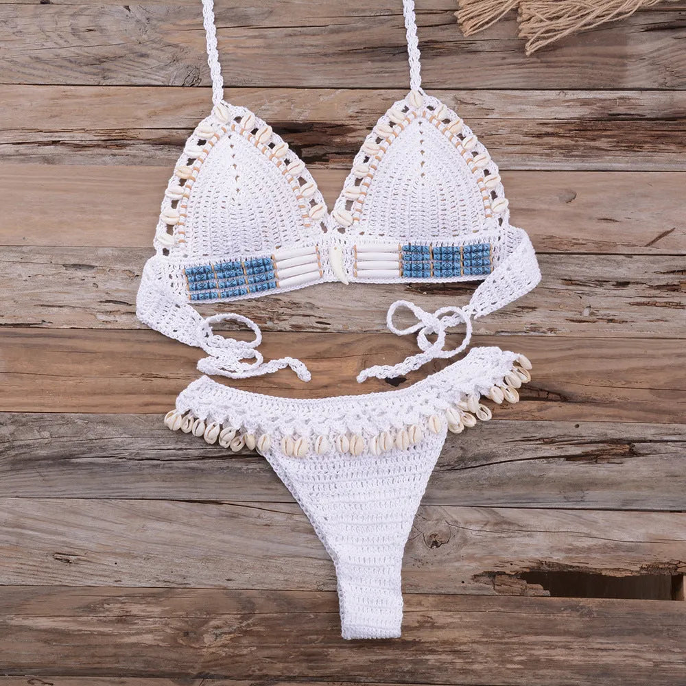 Women's beach vacation split swimsuit in blue with acrylic fabric and cotton lining