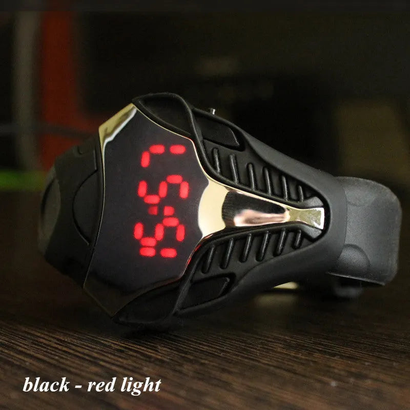 Silicone LED digital watch with black strap, digital display, and sporty design