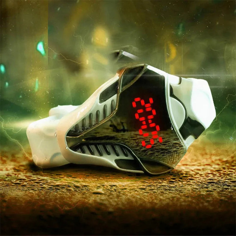 Silicone LED digital watch with black strap, digital display, and sporty design
