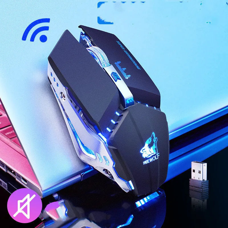 Black rechargeable wireless gaming mouse with six buttons on a desk next to a USB receiver.