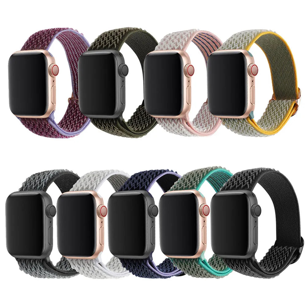 Braided nylon Apple Watch strap with wave pattern in multiple colour options on a wrist.
