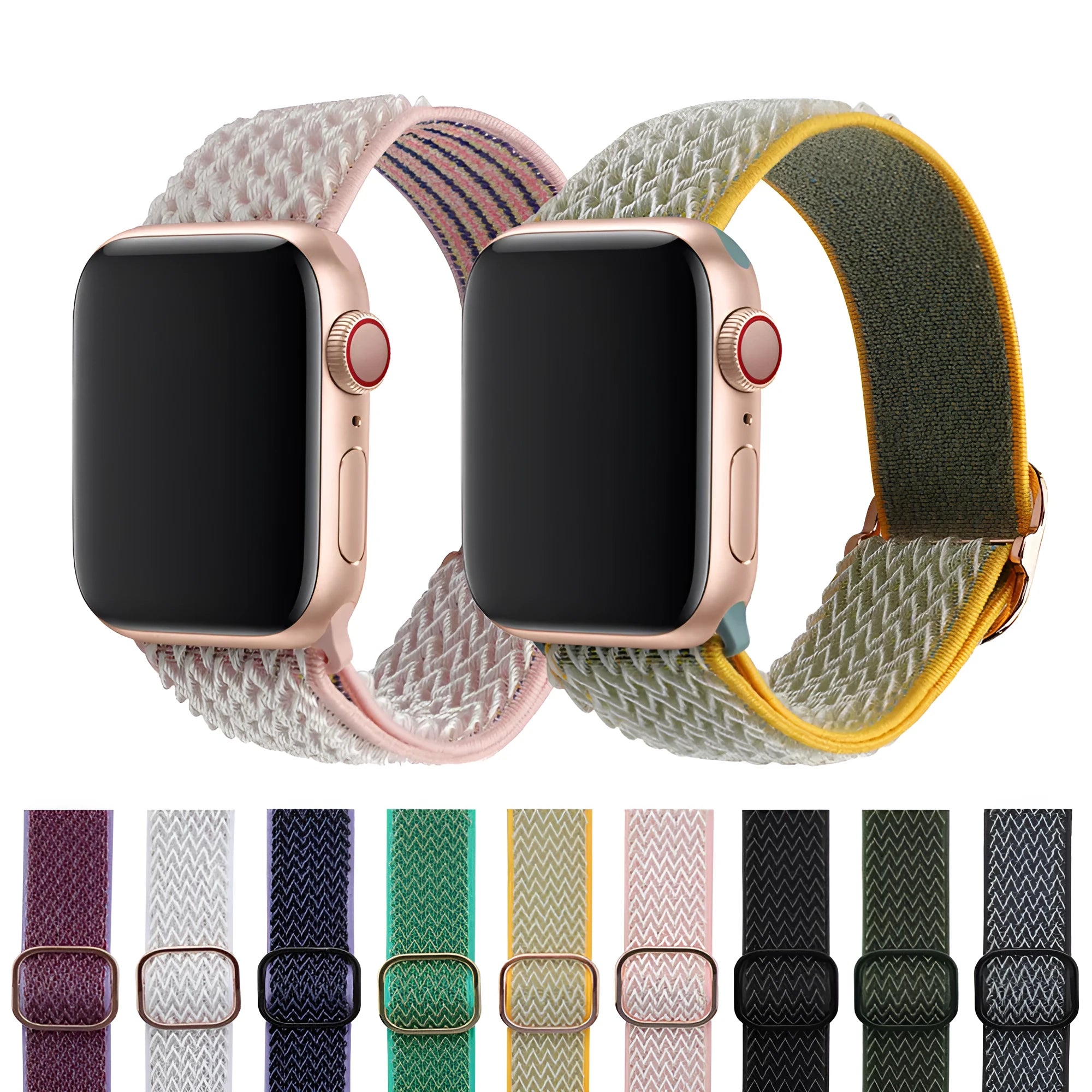 Braided nylon Apple Watch strap with wave pattern in multiple colour options on a wrist.
