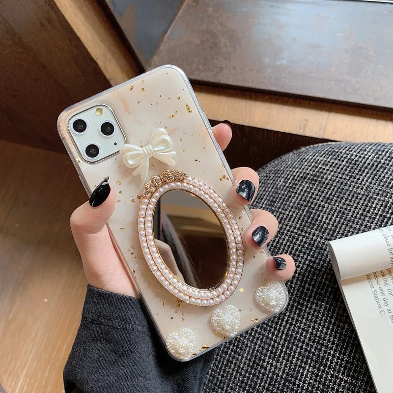 Brown marble patterned silicone iPhone case with rhinestone bowknot and mirror detail