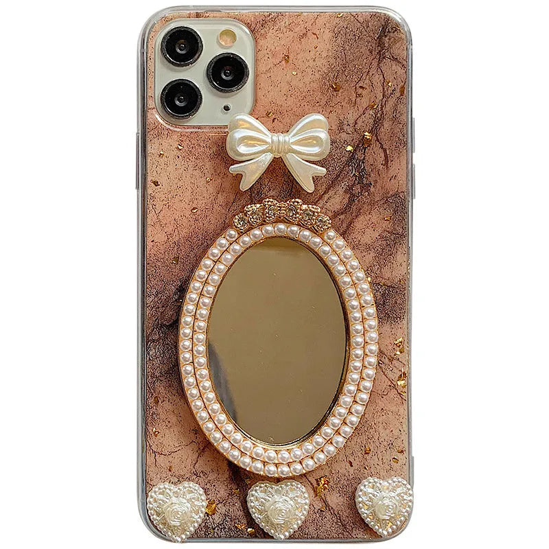 Brown marble patterned silicone iPhone case with rhinestone bowknot and mirror detail