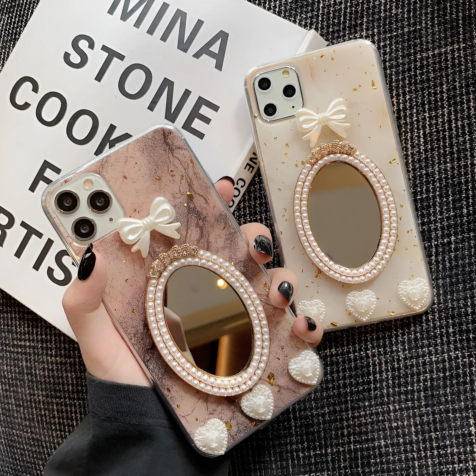 Brown marble patterned silicone iPhone case with rhinestone bowknot and mirror detail