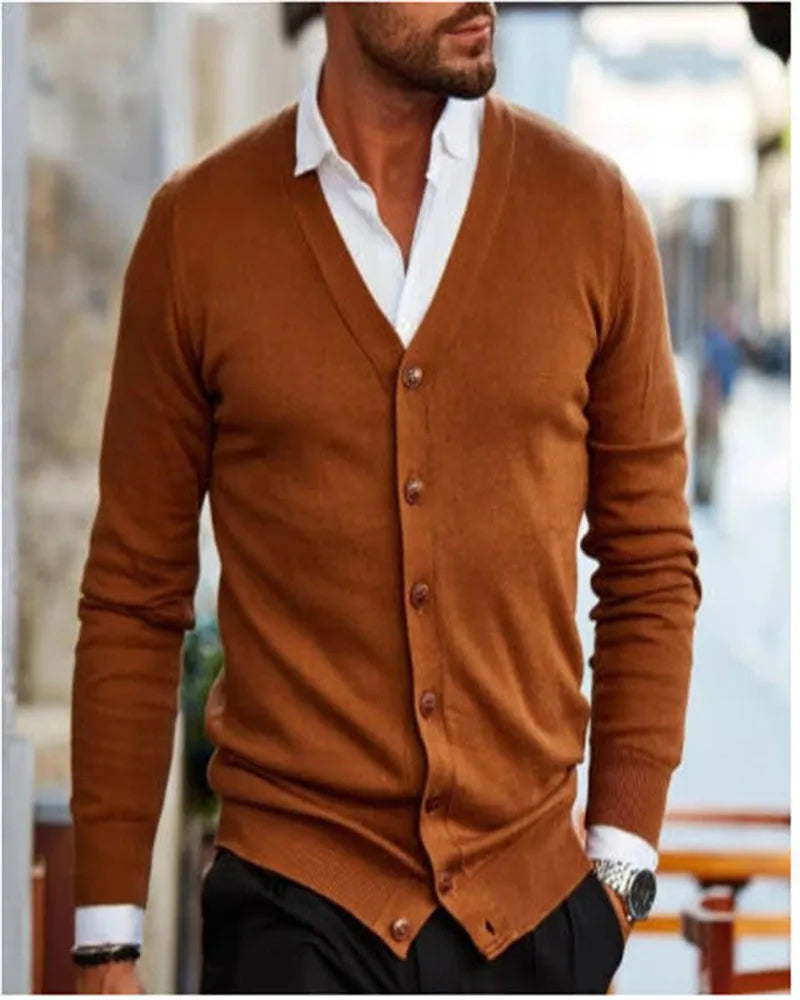 Men's casual sweater jacket in European cotton spandex, long sleeve, beige colour, simple design