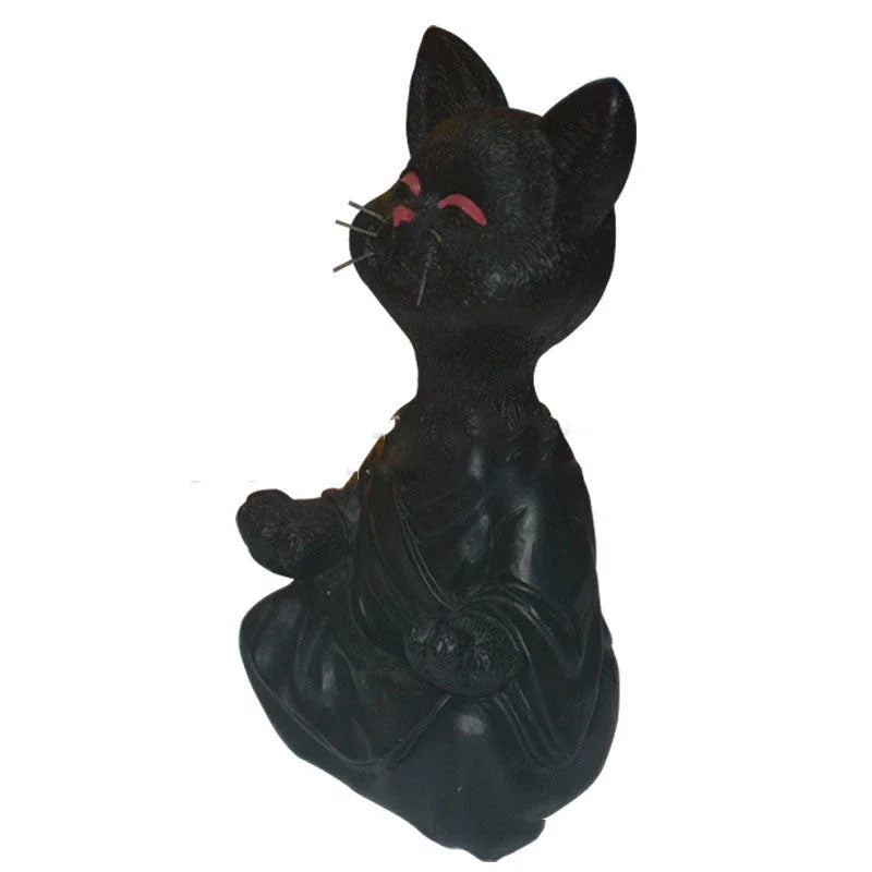 Charming ceramic Buddha cat figurine in black, grey, and orange colors for meditation, yoga, and home decor