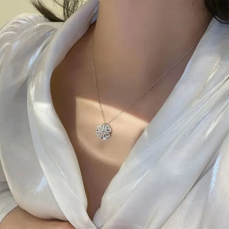 Four-leaf clover double-wear necklace for women, copper with heart pendant and cross chain, fade-resistant 18k gold finish