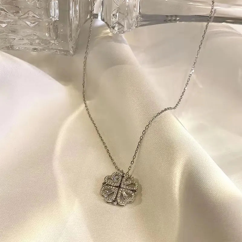 Four-leaf clover double-wear necklace for women, copper with heart pendant and cross chain, fade-resistant 18k gold finish