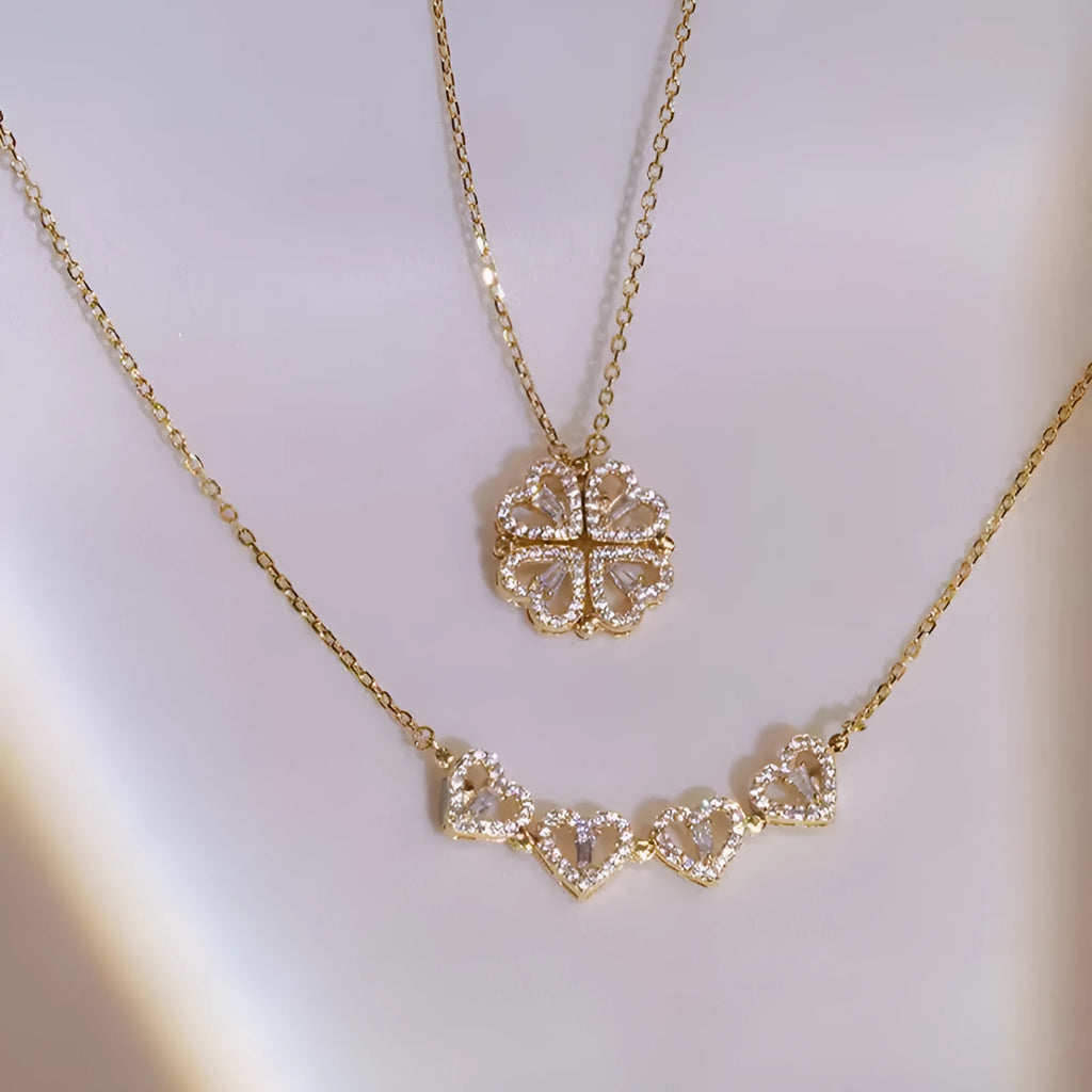 Four-leaf clover double-wear necklace for women, copper with heart pendant and cross chain, fade-resistant 18k gold finish
