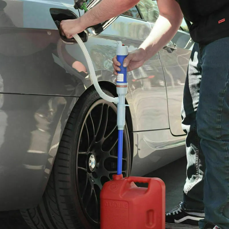 Blue manual hand siphon pump for fuel and oil transfer with PP construction.