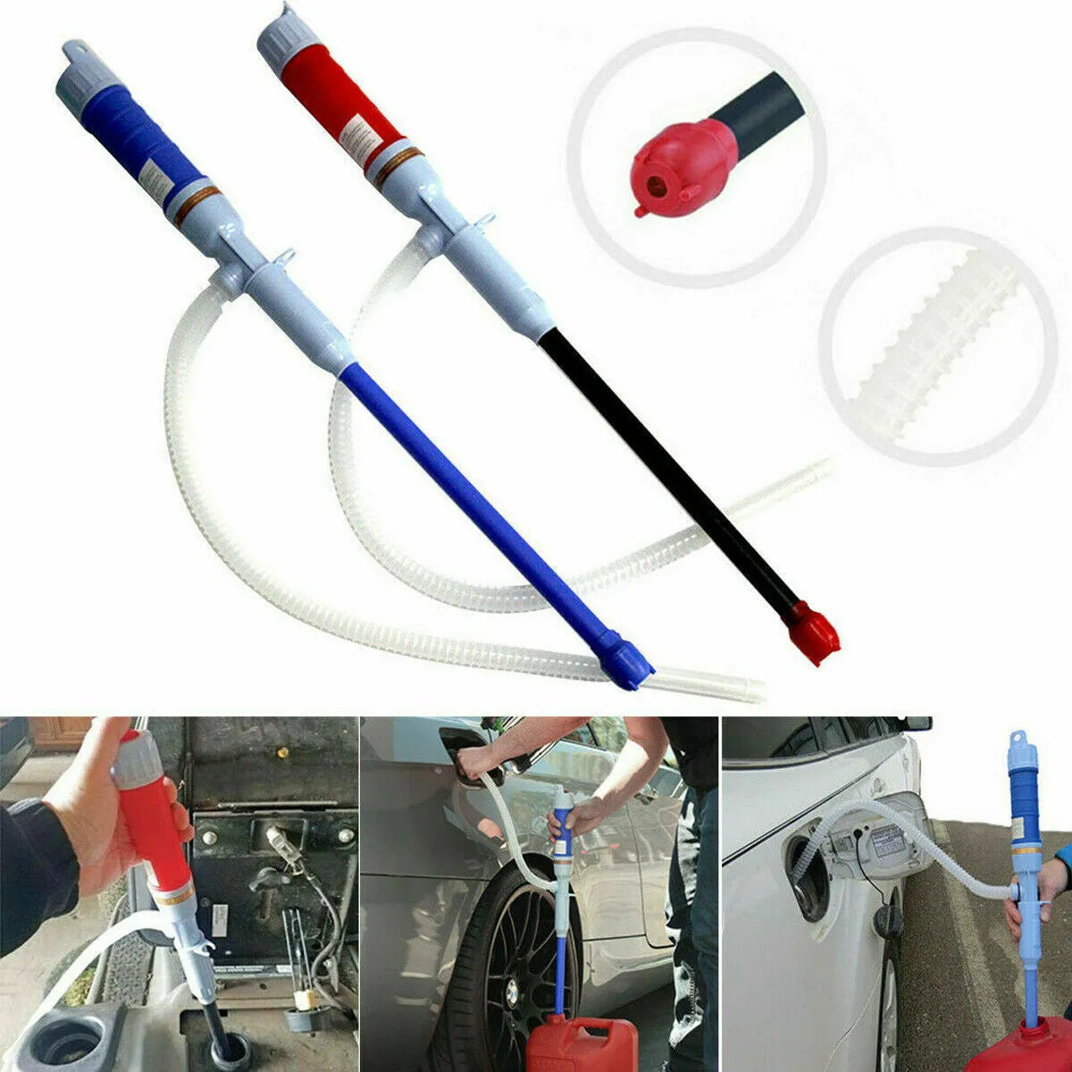 Blue manual hand siphon pump for fuel and oil transfer with PP construction.