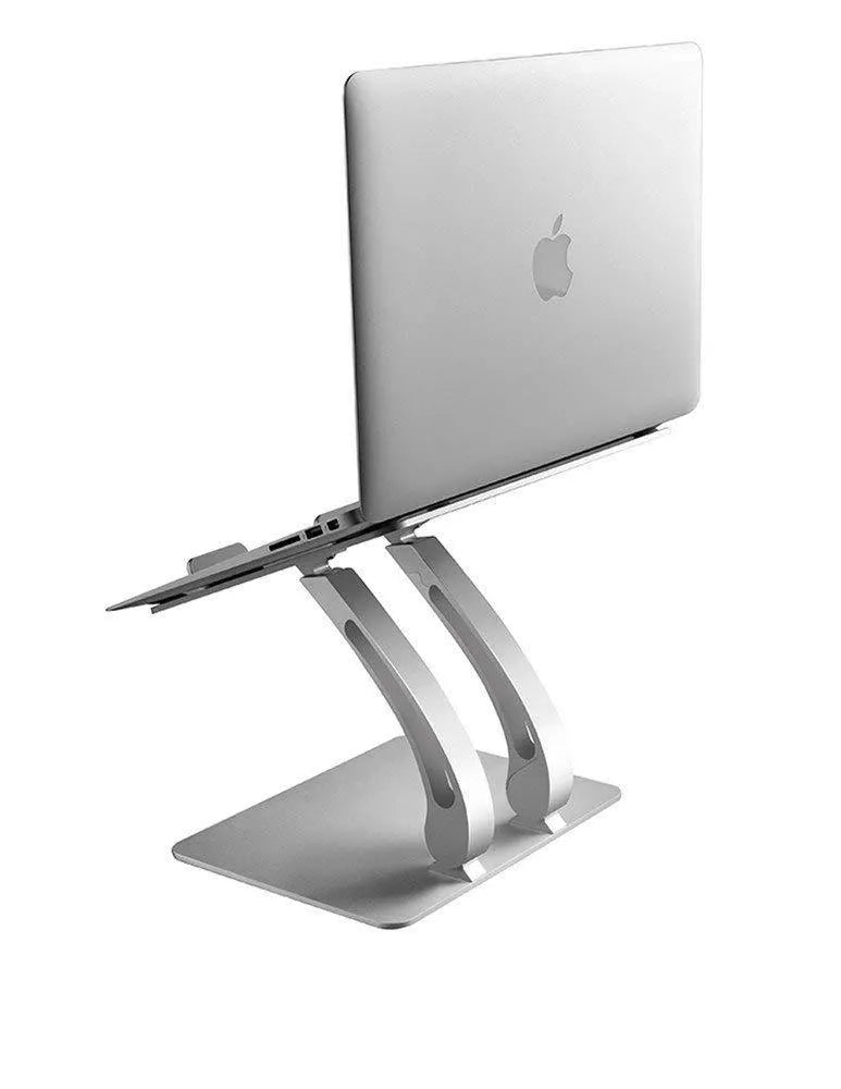 Folding laptop stand in aluminium alloy, gray colour, raised position showing open-frame cooling base