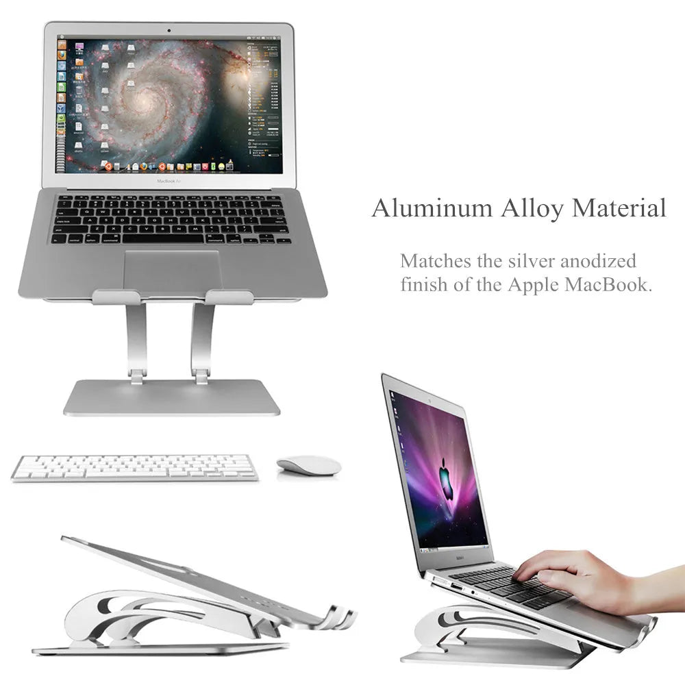 Folding laptop stand in aluminium alloy, gray colour, raised position showing open-frame cooling base