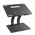 Folding laptop stand in aluminium alloy, gray colour, raised position showing open-frame cooling base