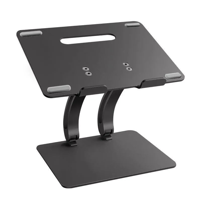 Folding laptop stand in aluminium alloy, gray colour, raised position showing open-frame cooling base