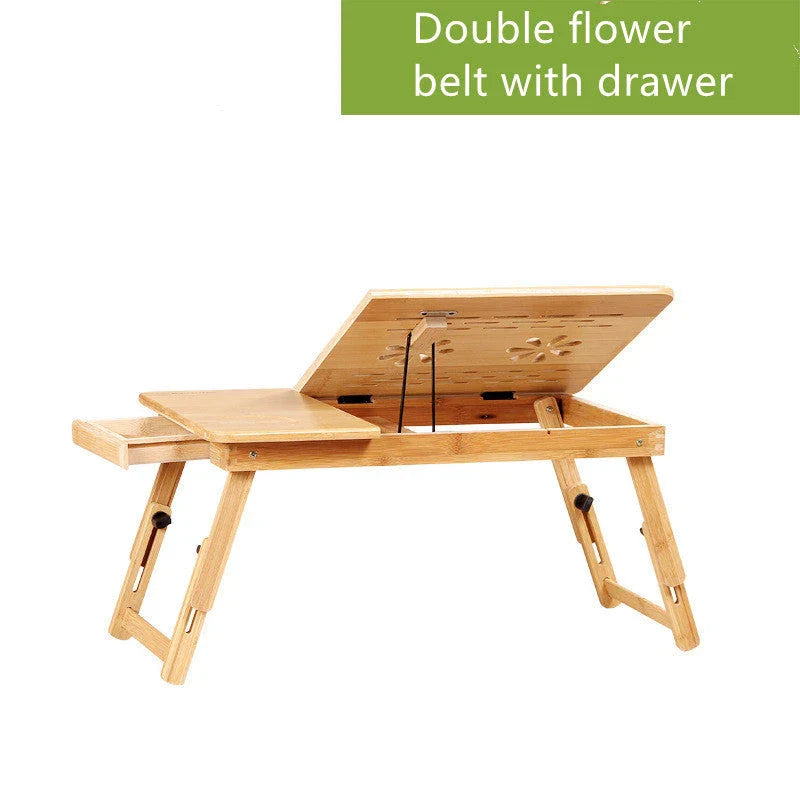 Foldable laptop bed desk with storage drawers and small fan, made from natural bamboo