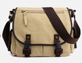 Men's canvas messenger shoulder bag in khaki, medium size, horizontal square shape with cover-type opening