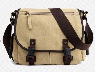 Men's canvas messenger shoulder bag in khaki, medium size, horizontal square shape with cover-type opening