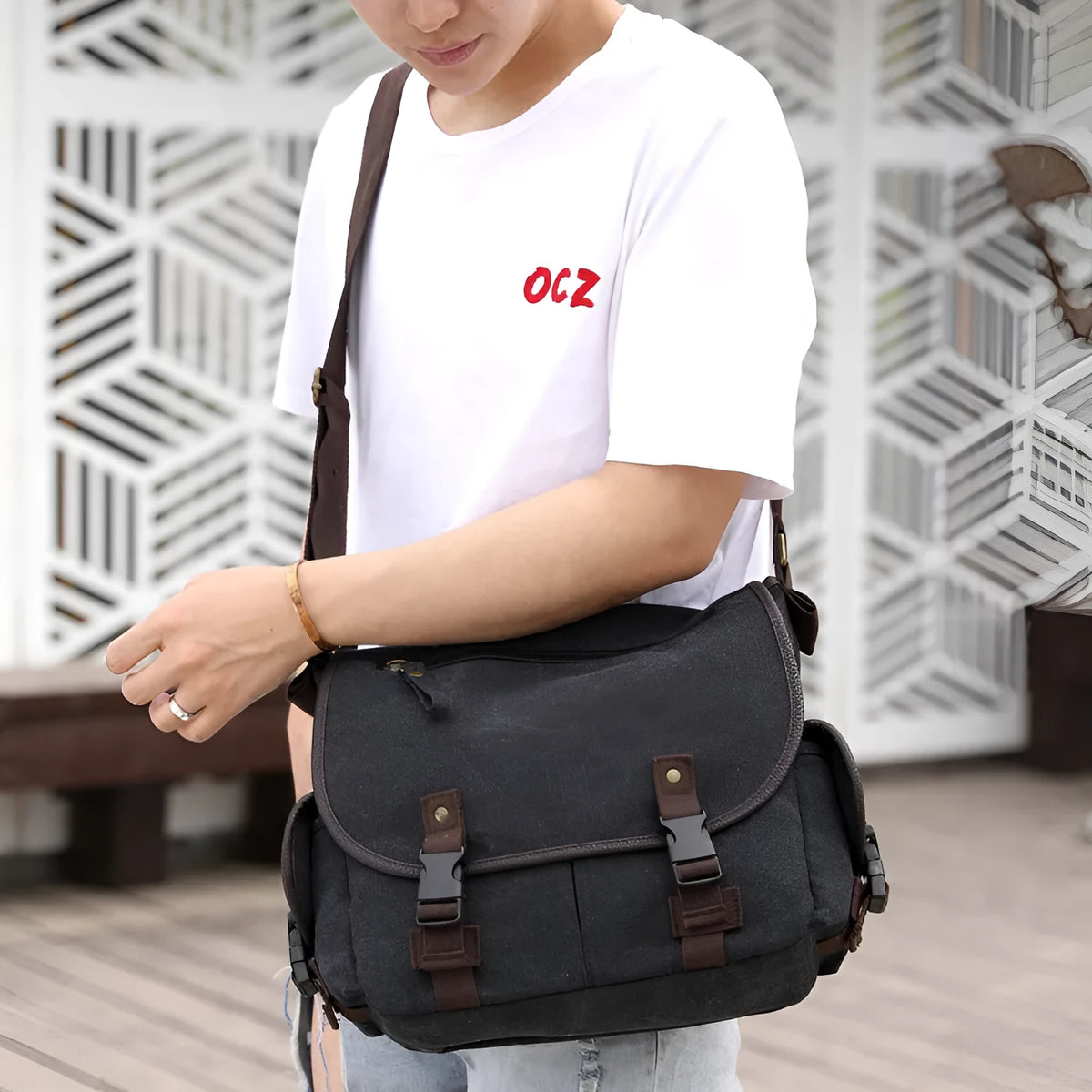 Men's canvas messenger shoulder bag in khaki, medium size, horizontal square shape with cover-type opening