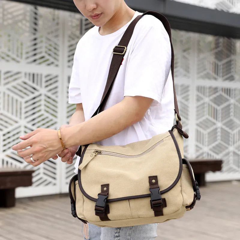 Men's canvas messenger shoulder bag in khaki, medium size, horizontal square shape with cover-type opening