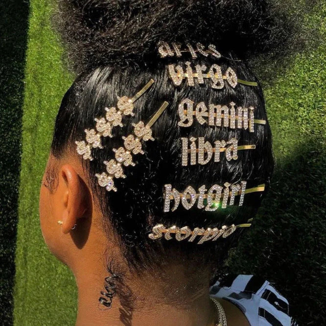 Golden electroplated constellation word clip hairpin showing zodiac design on 3.5cm metal surface