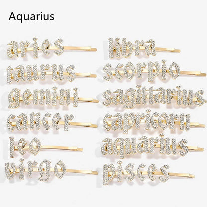 Golden electroplated constellation word clip hairpin showing zodiac design on 3.5cm metal surface