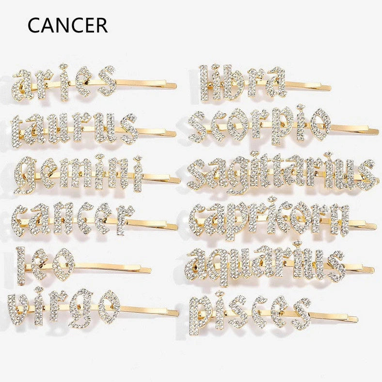 Golden electroplated constellation word clip hairpin showing zodiac design on 3.5cm metal surface
