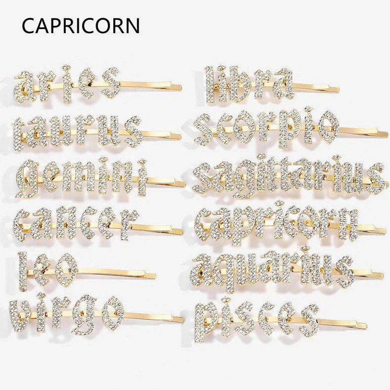 Golden electroplated constellation word clip hairpin showing zodiac design on 3.5cm metal surface