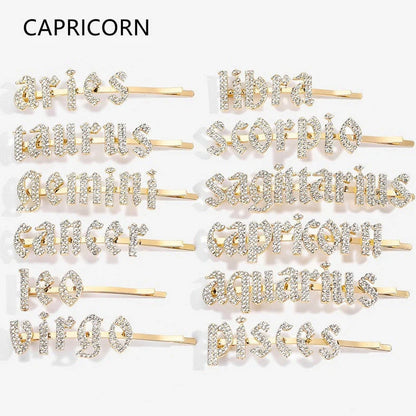 Golden electroplated constellation word clip hairpin showing zodiac design on 3.5cm metal surface