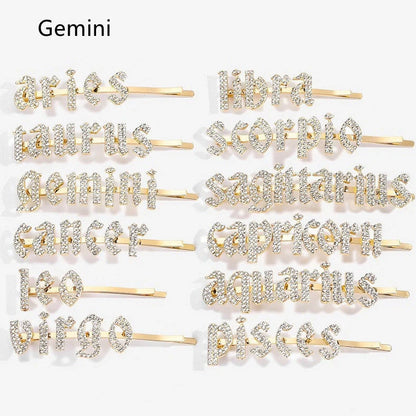 Golden electroplated constellation word clip hairpin showing zodiac design on 3.5cm metal surface