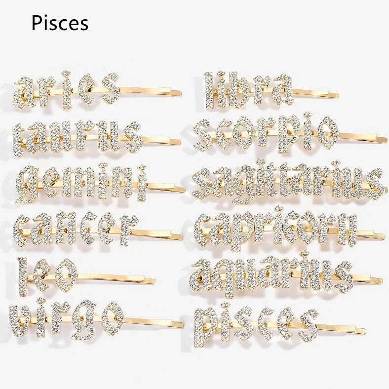 Golden electroplated constellation word clip hairpin showing zodiac design on 3.5cm metal surface