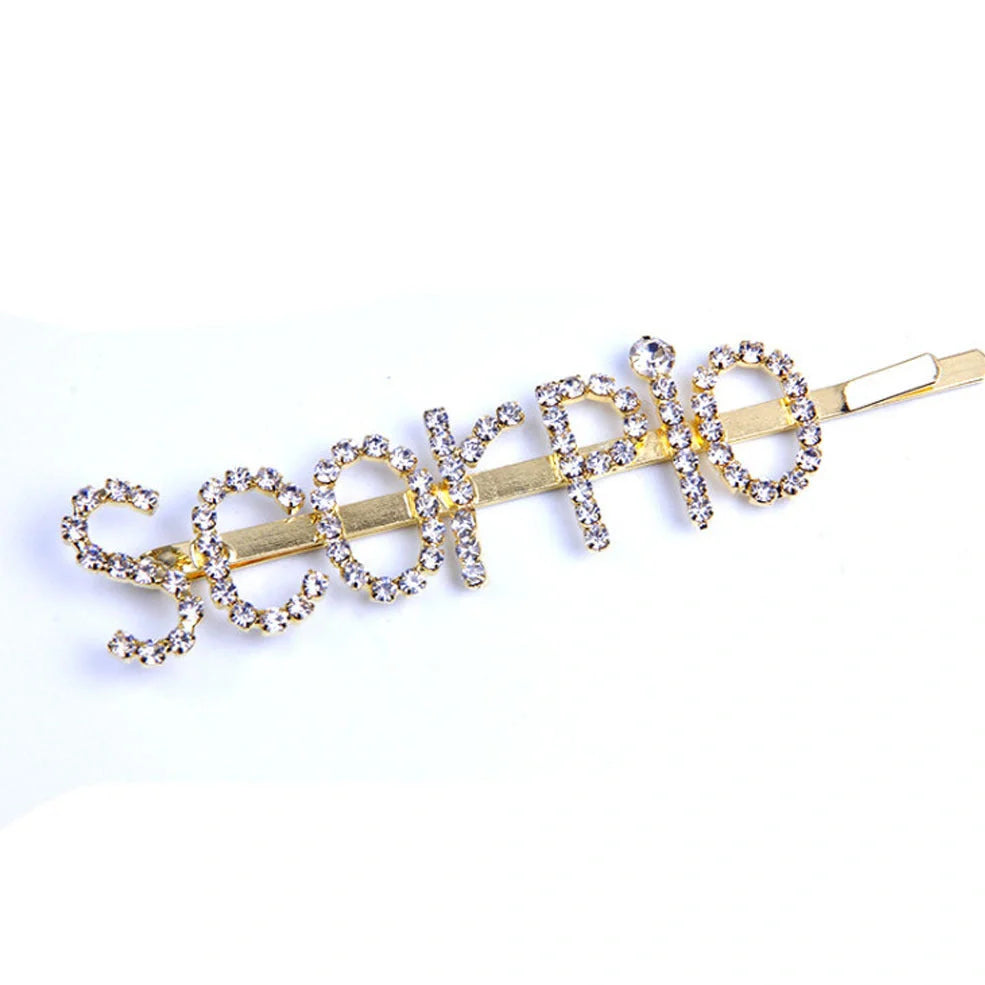Golden electroplated constellation word clip hairpin showing zodiac design on 3.5cm metal surface