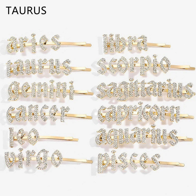 Golden electroplated constellation word clip hairpin showing zodiac design on 3.5cm metal surface