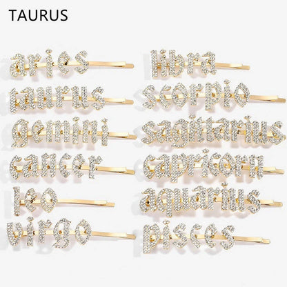 Golden electroplated constellation word clip hairpin showing zodiac design on 3.5cm metal surface