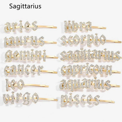 Golden electroplated constellation word clip hairpin showing zodiac design on 3.5cm metal surface
