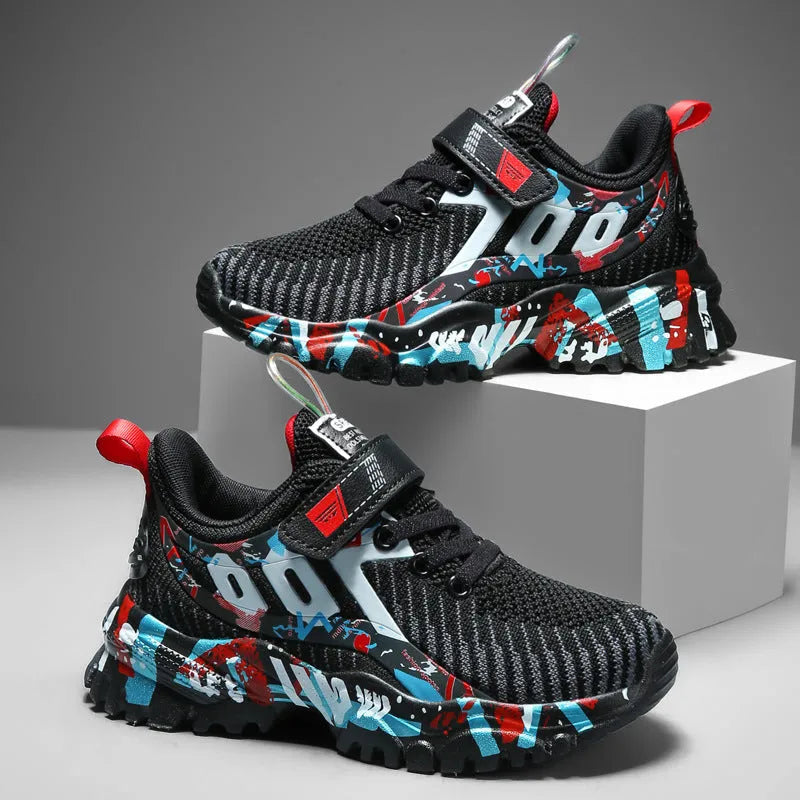 Big kids breathable mesh sports shoes with flyweave upper and Velcro fastening in black and yellow